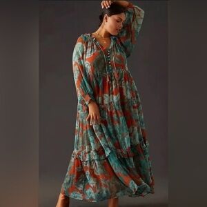 Anthropologie Teal and Rust Floral Dress